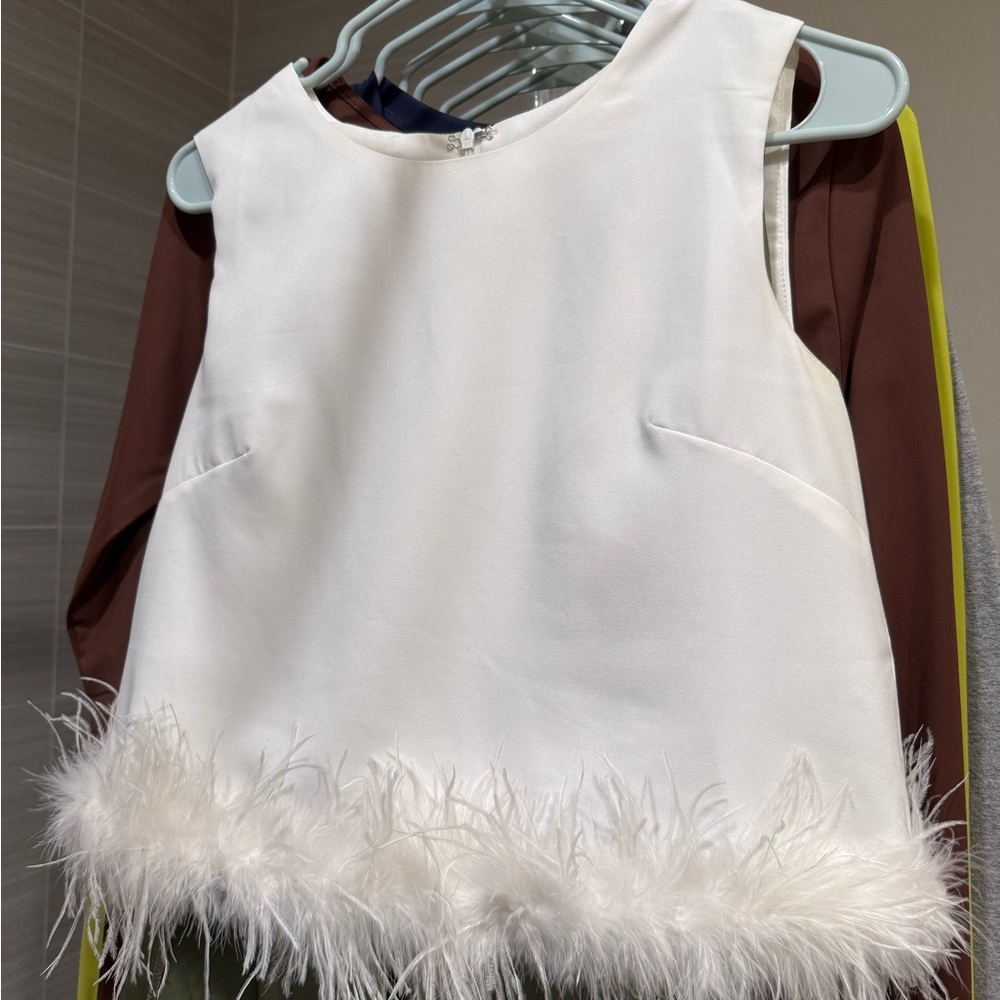 White Sleeveless Top with Feather Trim